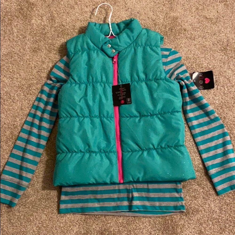 Girls Medium Green striped shirt and vest.